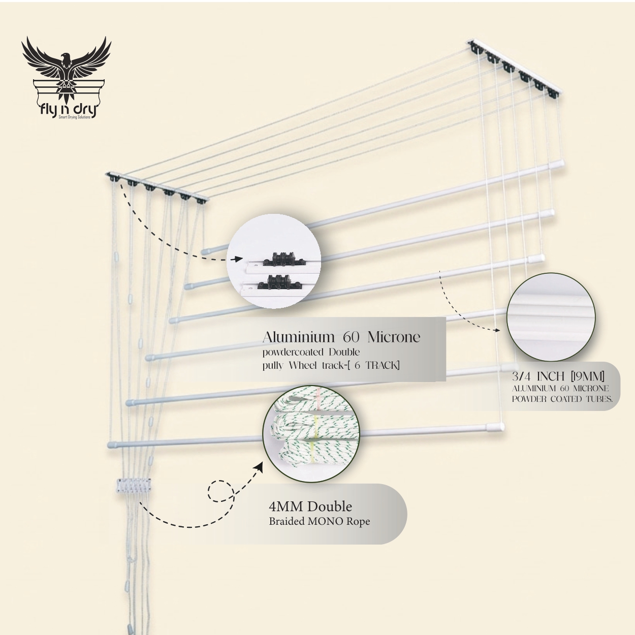 Premium Aluminium Wheel Track Ceiling Dryer – 6 Lines with 19mm Powder-Coated Aluminium Tubes