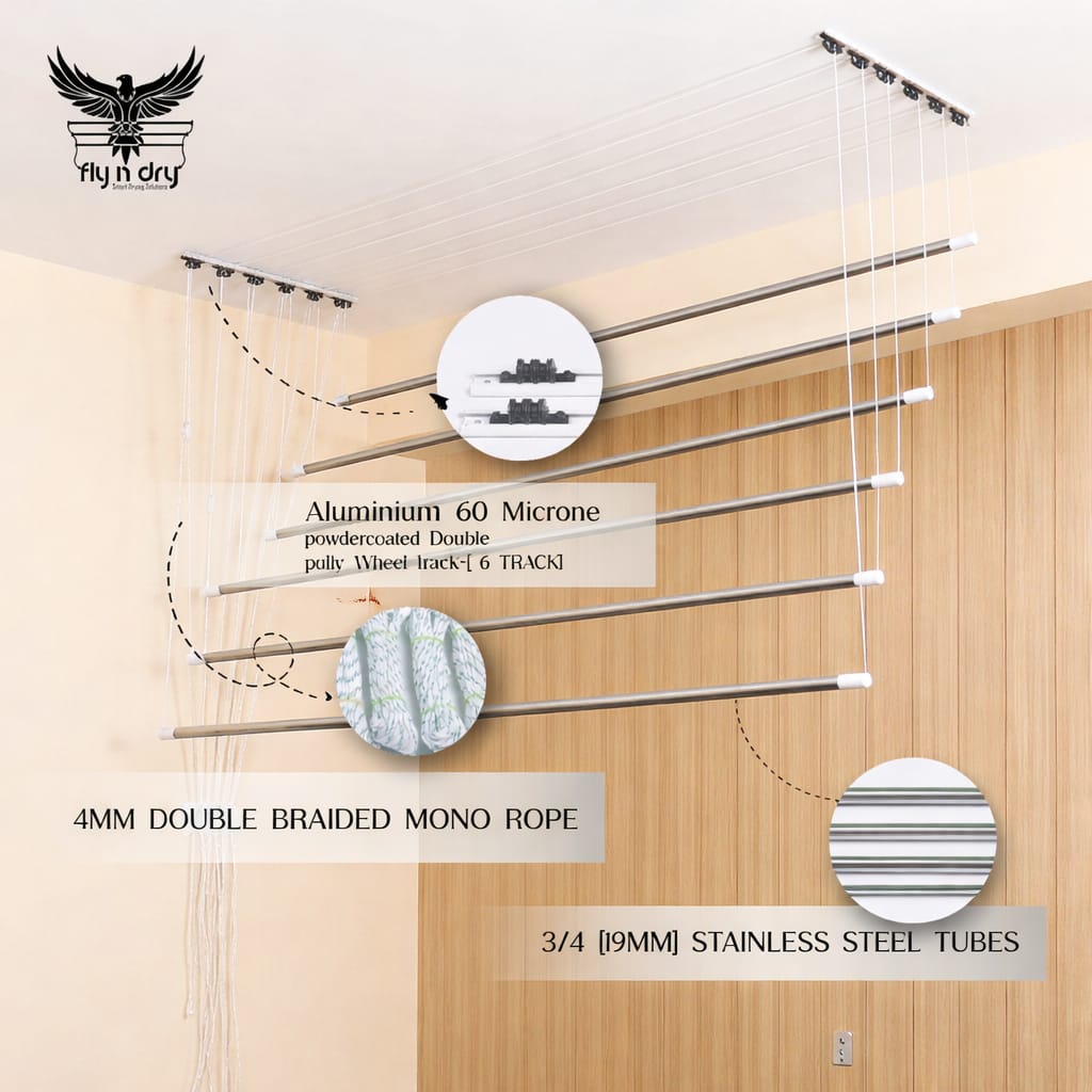 Aluminium Wheel Track Ceiling Cloth Dryer – 6 Lines | 19mm (3/4 Inch) Steel Tubes