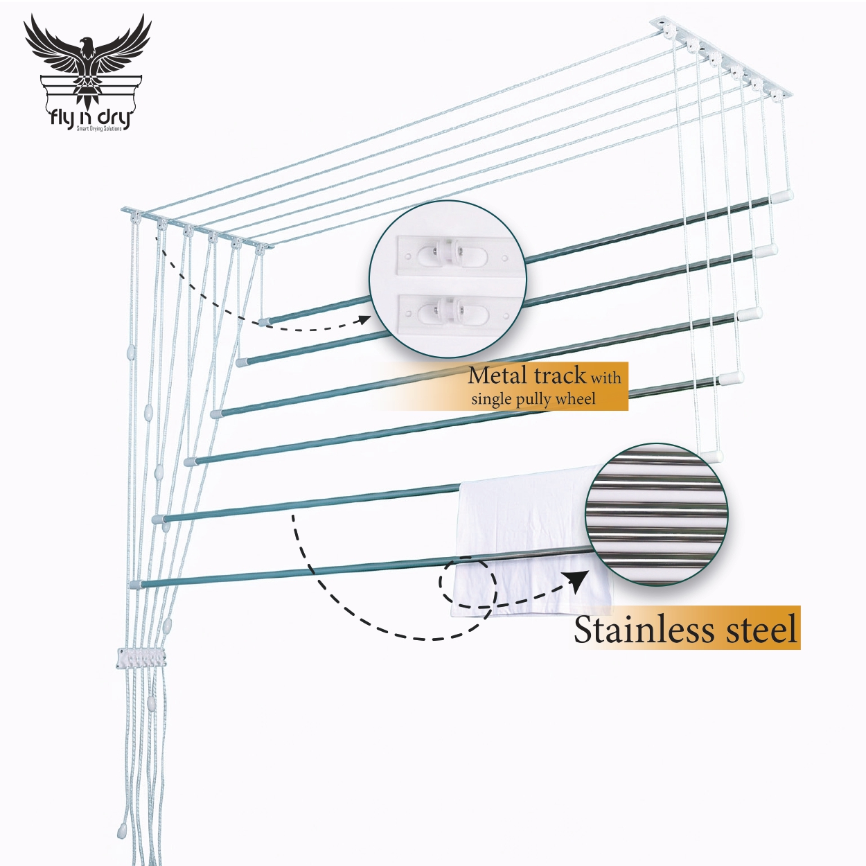 PVC Wheel Track Ceiling Cloth Dryer – 6 Lines | 12.5mm (1/2 Inch) Stainless Steel Tubes