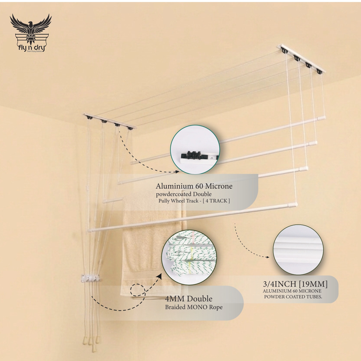 Premium Aluminium Wheel Track Ceiling Dryer – 4 Lines with 19mm Powder-Coated Aluminium Tubes