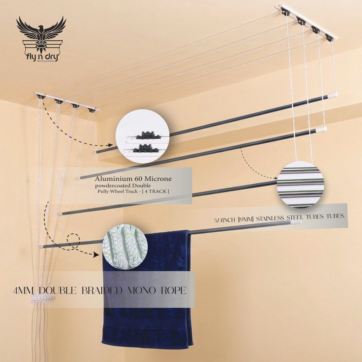 Aluminium Wheel Track Ceiling Cloth Dryer – 4 Lines | 19mm (3/4 Inch) Steel Tubes